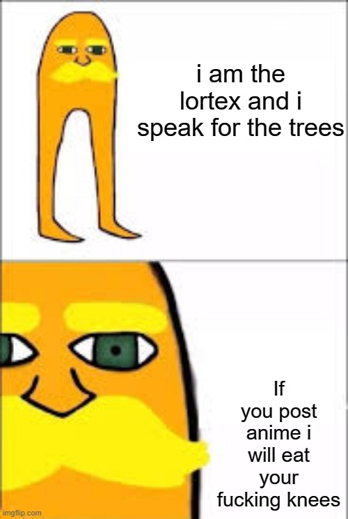 lorax format | i am the lortex and i speak for the trees; If you post anime i will eat your fucking knees | image tagged in lorax format | made w/ Imgflip meme maker