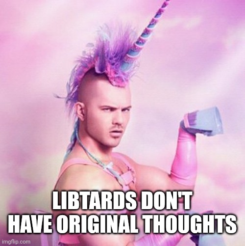 Unicorn MAN Meme | LIBTARDS DON'T HAVE ORIGINAL THOUGHTS | image tagged in memes,unicorn man | made w/ Imgflip meme maker