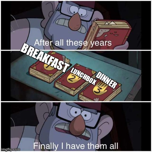 After All These Years | BREAKFAST LUNCHBOX DINNER | image tagged in after all these years | made w/ Imgflip meme maker