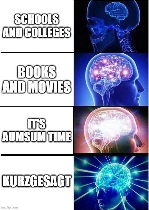 Expanding Brain | SCHOOLS AND COLLEGES; BOOKS AND MOVIES; IT'S AUMSUM TIME; KURZGESAGT | image tagged in memes,expanding brain,choice of content to become smart | made w/ Imgflip meme maker