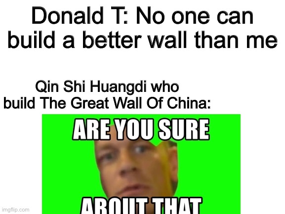 W | Donald T: No one can build a better wall than me; Qin Shi Huangdi who build The Great Wall Of China: | image tagged in hahayes | made w/ Imgflip meme maker