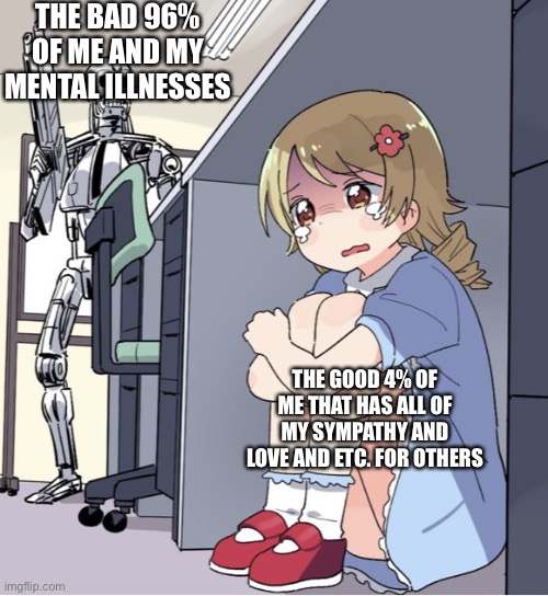 Anime Girl Hiding from Terminator | THE BAD 96% OF ME AND MY MENTAL ILLNESSES; THE GOOD 4% OF ME THAT HAS ALL OF MY SYMPATHY AND LOVE AND ETC. FOR OTHERS | image tagged in anime girl hiding from terminator | made w/ Imgflip meme maker