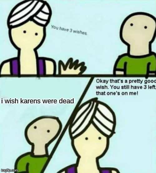 :) | i wish karens were dead | image tagged in you have 3 wishes | made w/ Imgflip meme maker