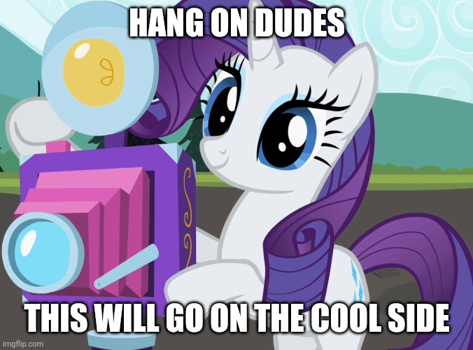 HANG ON DUDES THIS WILL GO ON THE COOL SIDE | image tagged in rarity,my little pony friendship is magic,camera | made w/ Imgflip meme maker