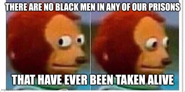 Awkward muppet | THERE ARE NO BLACK MEN IN ANY OF OUR PRISONS; THAT HAVE EVER BEEN TAKEN ALIVE | image tagged in awkward muppet | made w/ Imgflip meme maker