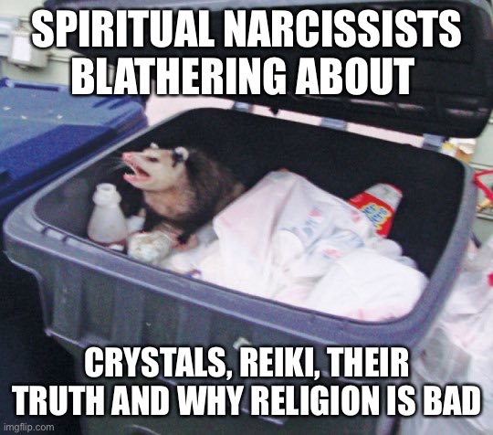 Spiritual narcissists | SPIRITUAL NARCISSISTS BLATHERING ABOUT; CRYSTALS, REIKI, THEIR TRUTH AND WHY RELIGION IS BAD | image tagged in trash possum,spirituality,crystal,narcissist | made w/ Imgflip meme maker
