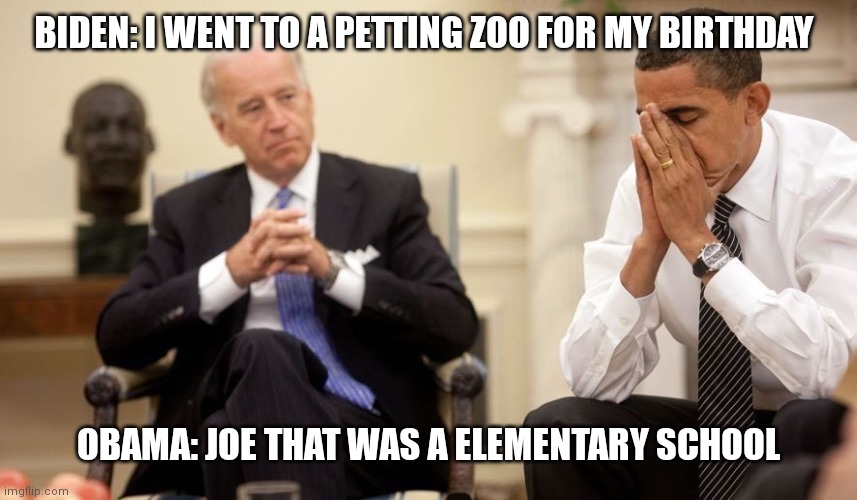 Biden's birthday |  BIDEN: I WENT TO A PETTING ZOO FOR MY BIRTHDAY; OBAMA: JOE THAT WAS A ELEMENTARY SCHOOL | image tagged in biden obama,creepy joe biden | made w/ Imgflip meme maker