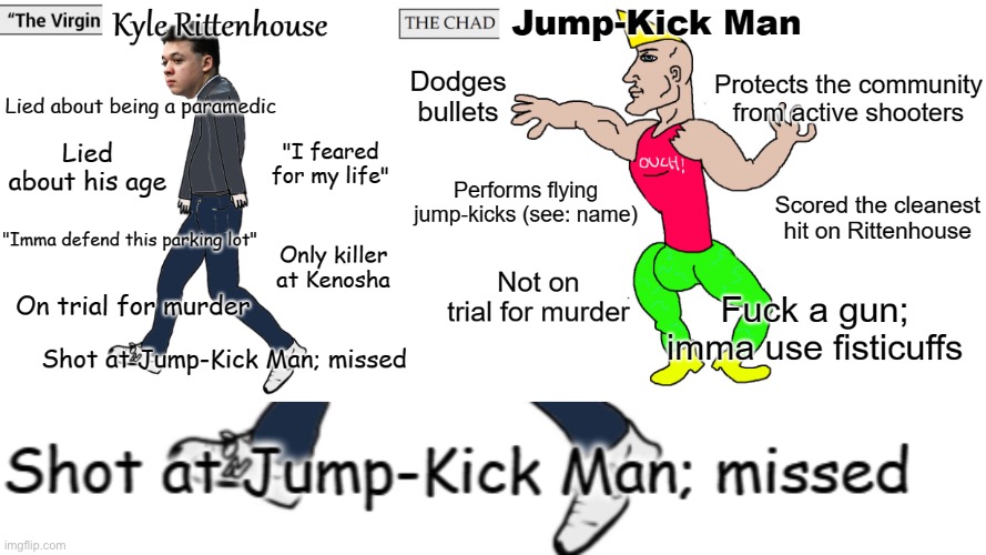 Rittenhouse shot at *four* people. Count ‘em! | image tagged in the virgin kyle rittenhouse vs the chad jump-kick man | made w/ Imgflip meme maker