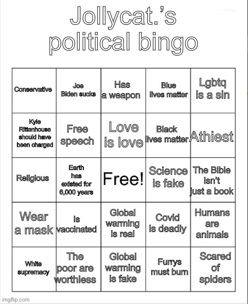 New bingo! Feel free to use! | image tagged in jollycat s political bingo | made w/ Imgflip meme maker
