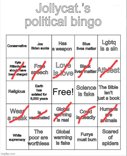 Bingo | image tagged in jollycat s political bingo | made w/ Imgflip meme maker