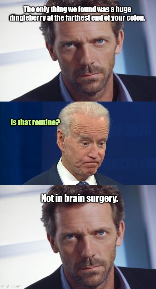 Biden gets diagnosis from the doctor | The only thing we found was a huge dingleberry at the farthest end of your colon. Is that routine? Not in brain surgery. | image tagged in confused joe biden,gregory house,joe biden worries,doctor,political humor | made w/ Imgflip meme maker