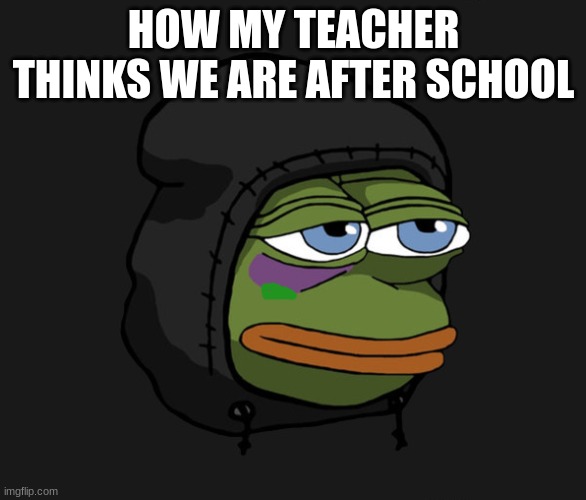 Hooded Pepe (Correct size for Discord use.) | HOW MY TEACHER THINKS WE ARE AFTER SCHOOL | image tagged in hooded pepe correct size for discord use | made w/ Imgflip meme maker