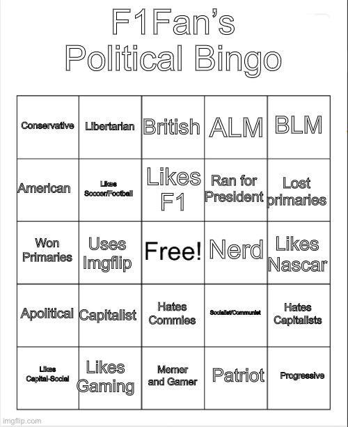 Blank Bingo | F1Fan’s Political Bingo; British; Libertarian; BLM; Conservative; ALM; Likes F1; American; Lost primaries; Ran for President; Likes Soccer/Football; Nerd; Won Primaries; Likes Nascar; Uses Imgflip; Apolitical; Capitalist; Hates Capitalists; Socialist/Communist; Hates Commies; Likes Gaming; Progressive; Likes Capital-Social; Memer and Gamer; Patriot | image tagged in blank bingo | made w/ Imgflip meme maker