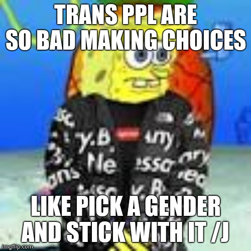 Spongebob Drip | TRANS PPL ARE SO BAD MAKING CHOICES; LIKE PICK A GENDER AND STICK WITH IT /J | image tagged in spongebob drip | made w/ Imgflip meme maker