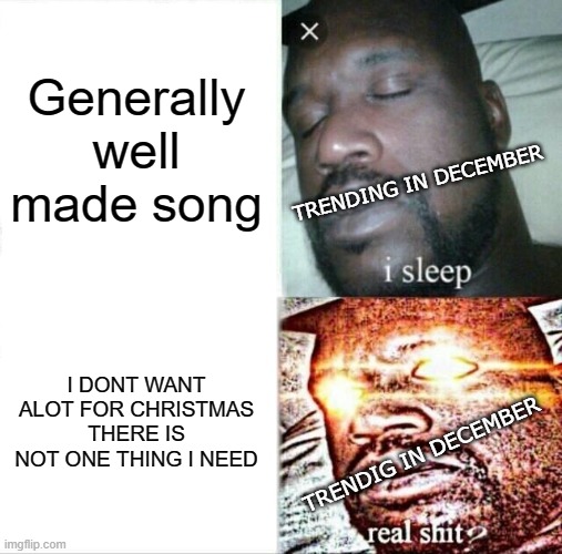 They maybe a bit later in december, would work better | Generally well made song; TRENDING IN DECEMBER; I DONT WANT ALOT FOR CHRISTMAS THERE IS NOT ONE THING I NEED; TRENDIG IN DECEMBER | image tagged in memes,sleeping shaq | made w/ Imgflip meme maker