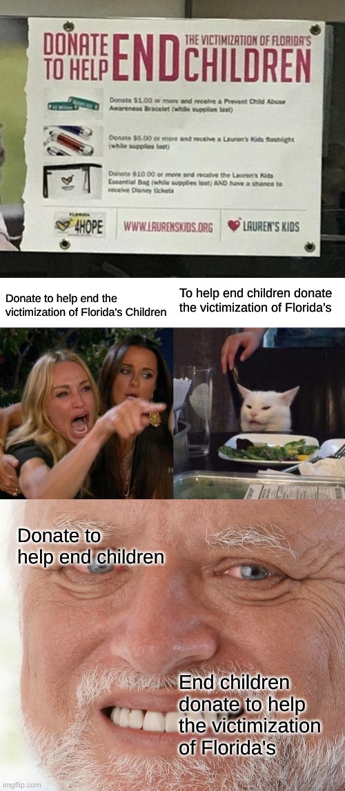End children? Donate now. | Donate to help end the victimization of Florida's Children; To help end children donate the victimization of Florida's; Donate to help end children; End children donate to help the victimization of Florida's | image tagged in memes,woman yelling at cat,hide the pain harold | made w/ Imgflip meme maker
