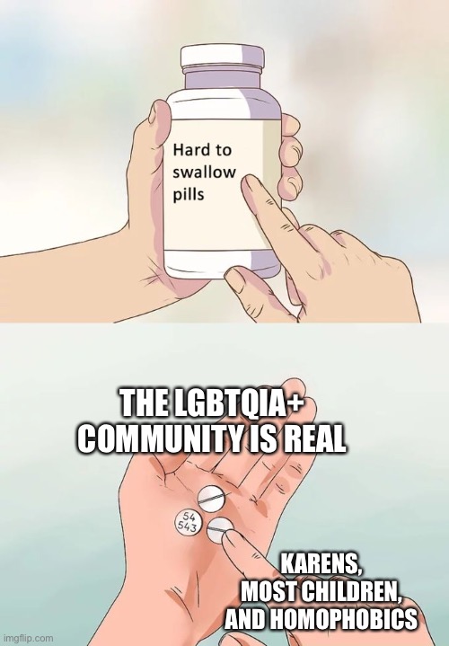 This ain’t enough pills | THE LGBTQIA+ COMMUNITY IS REAL; KARENS, MOST CHILDREN, AND HOMOPHOBICS | image tagged in memes,hard to swallow pills | made w/ Imgflip meme maker