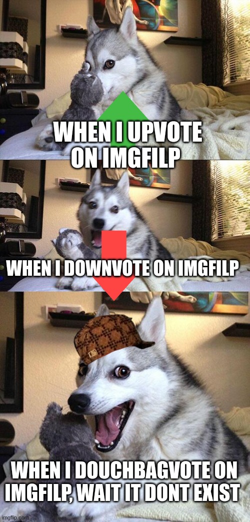 yes it is | WHEN I UPVOTE ON IMGFILP; WHEN I DOWNVOTE ON IMGFILP; WHEN I DOUCHBAGVOTE ON IMGFILP, WAIT IT DONT EXIST | image tagged in memes,bad pun dog | made w/ Imgflip meme maker