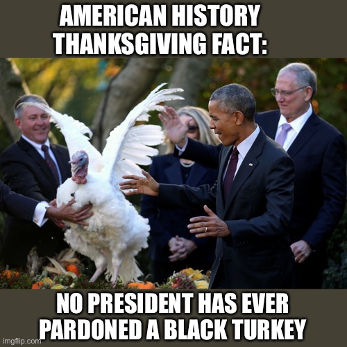 Even Though Turkeys Are Black | AMERICAN HISTORY THANKSGIVING FACT:; NO PRESIDENT HAS EVER PARDONED A BLACK TURKEY | image tagged in thanksgiving,history memes,happy holidays,that's racist,this is america | made w/ Imgflip meme maker