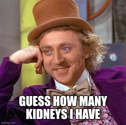 (did I say they were with me when I was born?) | GUESS HOW MANY KIDNEYS I HAVE | image tagged in memes,creepy condescending wonka | made w/ Imgflip meme maker