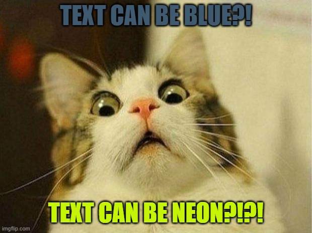 Scared Cat Meme | TEXT CAN BE BLUE?! TEXT CAN BE NEON?!?! | image tagged in memes,scared cat | made w/ Imgflip meme maker