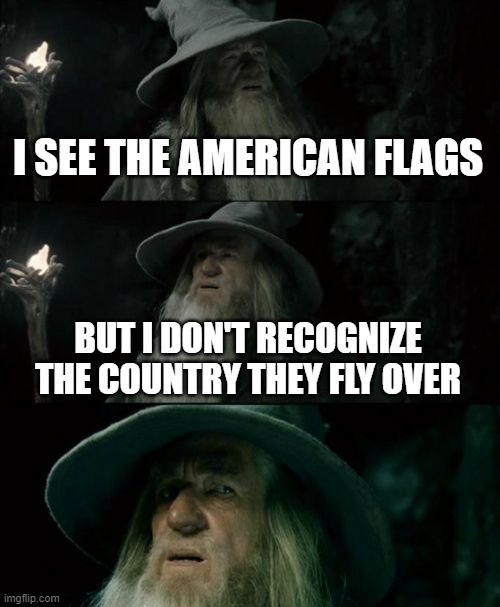 The country I love is beyond repair. Fascism reigns and the insane have been given full control. | I SEE THE AMERICAN FLAGS; BUT I DON'T RECOGNIZE THE COUNTRY THEY FLY OVER | image tagged in memes,confused gandalf,america,communism,fascism | made w/ Imgflip meme maker