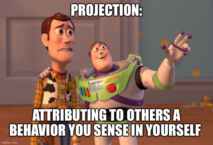 X, X Everywhere | PROJECTION:; ATTRIBUTING TO OTHERS A BEHAVIOR YOU SENSE IN YOURSELF | image tagged in memes,x x everywhere | made w/ Imgflip meme maker