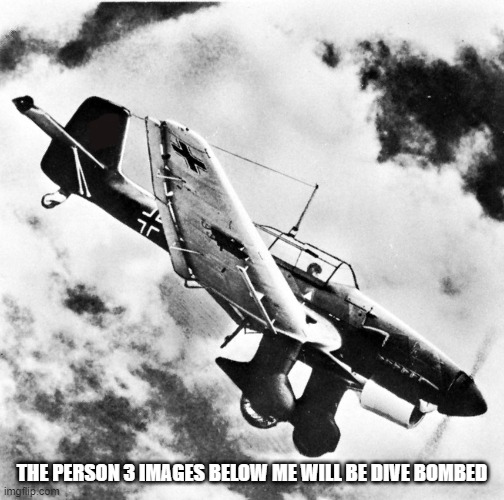 r u n | THE PERSON 3 IMAGES BELOW ME WILL BE DIVE BOMBED | image tagged in ju-87 dive | made w/ Imgflip meme maker