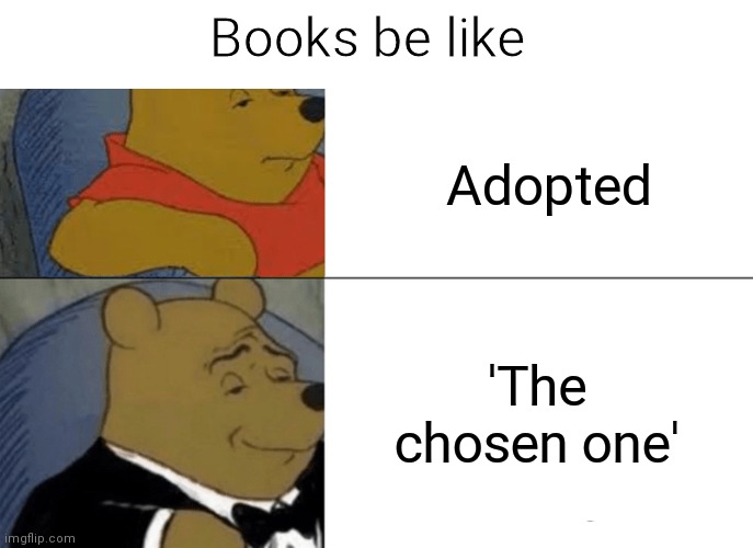 Tuxedo Winnie The Pooh Meme | Books be like; Adopted; 'The chosen one' | image tagged in memes,tuxedo winnie the pooh,funny,books,book | made w/ Imgflip meme maker