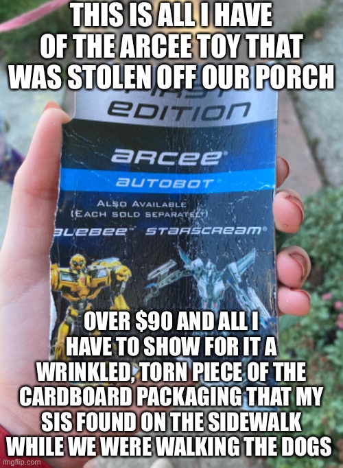 The worst part is that there will be no justice | THIS IS ALL I HAVE OF THE ARCEE TOY THAT WAS STOLEN OFF OUR PORCH; OVER $90 AND ALL I HAVE TO SHOW FOR IT A WRINKLED, TORN PIECE OF THE CARDBOARD PACKAGING THAT MY SIS FOUND ON THE SIDEWALK WHILE WE WERE WALKING THE DOGS | image tagged in porch pirates,are scum,i hate them,even more than,getaway,and i really hate that fragger | made w/ Imgflip meme maker