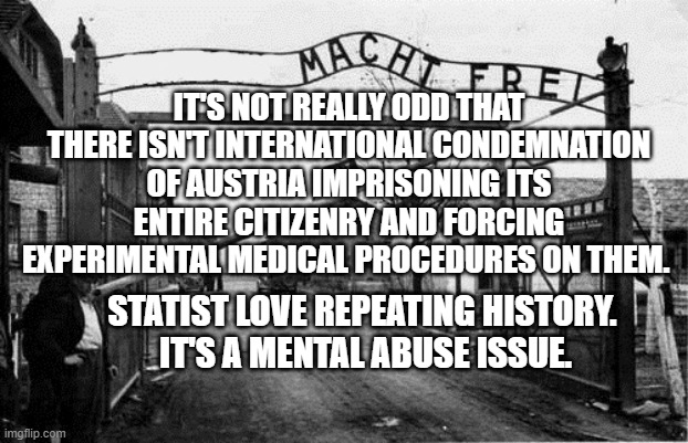 Auschwitz concentration camp blank | IT'S NOT REALLY ODD THAT THERE ISN'T INTERNATIONAL CONDEMNATION OF AUSTRIA IMPRISONING ITS ENTIRE CITIZENRY AND FORCING EXPERIMENTAL MEDICAL PROCEDURES ON THEM. STATIST LOVE REPEATING HISTORY.    IT'S A MENTAL ABUSE ISSUE. | image tagged in auschwitz concentration camp blank | made w/ Imgflip meme maker