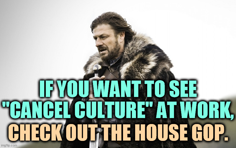 Nobody cancels like Republicans. | IF YOU WANT TO SEE "CANCEL CULTURE" AT WORK, CHECK OUT THE HOUSE GOP. | image tagged in sean bean got,gop,republican,congress,cancel culture | made w/ Imgflip meme maker