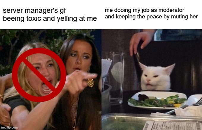 sometimes u got to act profesional | me dooing my job as moderator and keeping the peace by muting her; server manager's gf beeing toxic and yelling at me | image tagged in memes,woman yelling at cat | made w/ Imgflip meme maker