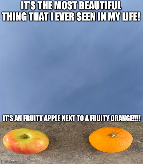 The most beautiful thing that I ever seen in my life | IT’S THE MOST BEAUTIFUL THING THAT I EVER SEEN IN MY LIFE! IT'S AN FRUITY APPLE NEXT TO A FRUITY ORANGE!!!! | image tagged in the most beautiful thing that i ever seen in my life | made w/ Imgflip meme maker