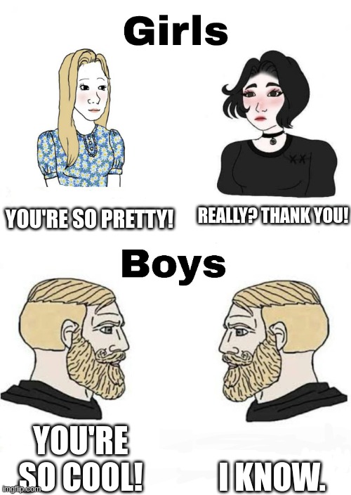 tru | YOU'RE SO PRETTY! REALLY? THANK YOU! I KNOW. YOU'RE SO COOL! | image tagged in girls vs boys,compliment | made w/ Imgflip meme maker