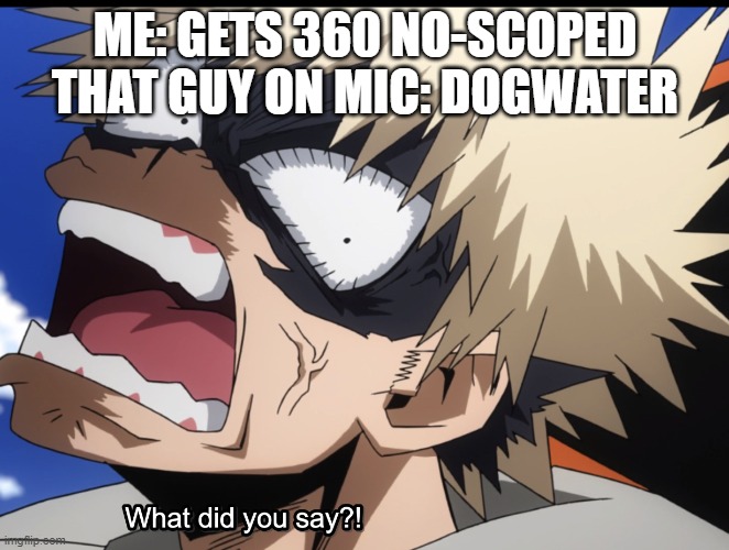 Bakugo's What did you say?! | ME: GETS 360 NO-SCOPED

THAT GUY ON MIC: DOGWATER | image tagged in bakugo's what did you say | made w/ Imgflip meme maker