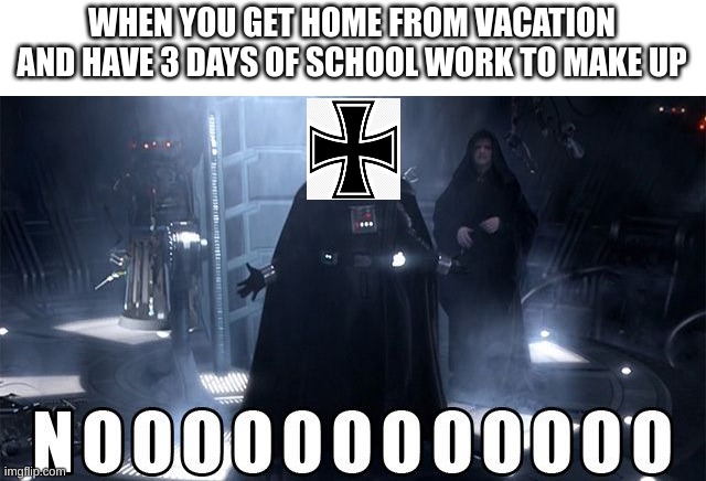 Darth Vader Noooo | WHEN YOU GET HOME FROM VACATION AND HAVE 3 DAYS OF SCHOOL WORK TO MAKE UP | image tagged in darth vader noooo,school,vacation | made w/ Imgflip meme maker