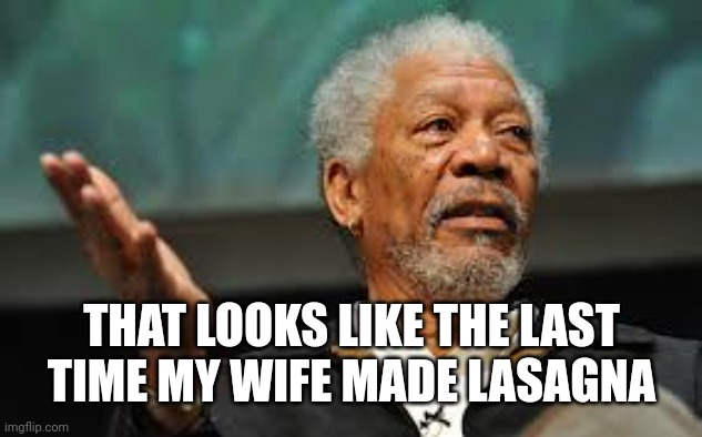 Morgan Freeman Hand out | THAT LOOKS LIKE THE LAST TIME MY WIFE MADE LASAGNA | image tagged in morgan freeman hand out | made w/ Imgflip meme maker