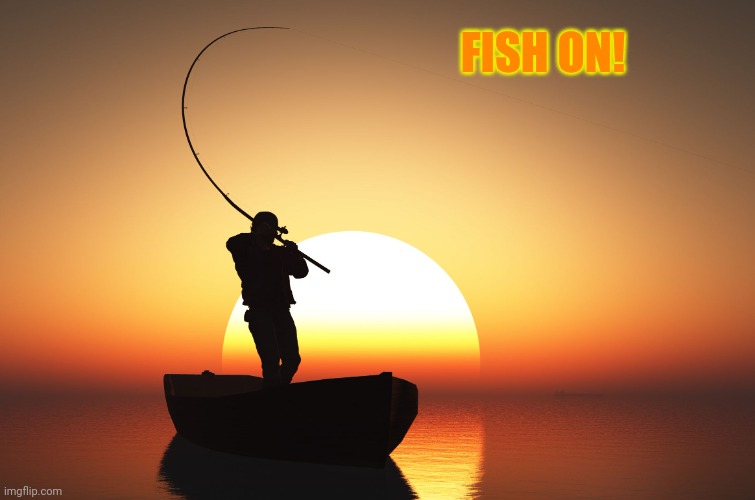 Fisherman at sunset | FISH ON! | image tagged in fisherman at sunset | made w/ Imgflip meme maker