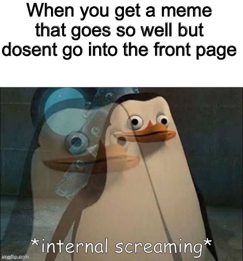 Just WHY?!?! |  When you get a meme that goes so well but dosent go into the front page | image tagged in private internal screaming | made w/ Imgflip meme maker