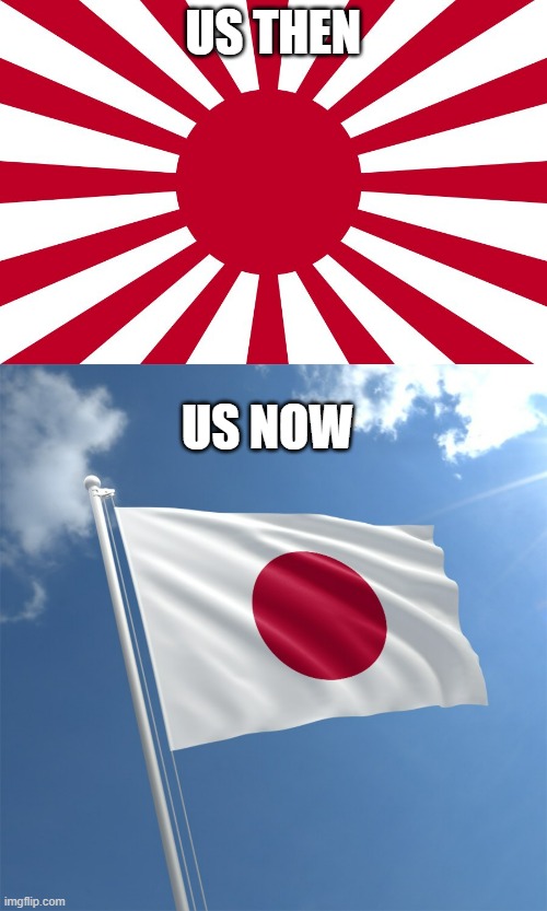 They went from war to games and anime, we went from politics to msmg | US THEN; US NOW | image tagged in war flag of imperial japan,japan flag | made w/ Imgflip meme maker