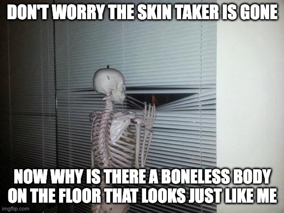 Skeleton Looking Out Window | DON'T WORRY THE SKIN TAKER IS GONE; NOW WHY IS THERE A BONELESS BODY ON THE FLOOR THAT LOOKS JUST LIKE ME | image tagged in skeleton looking out window | made w/ Imgflip meme maker