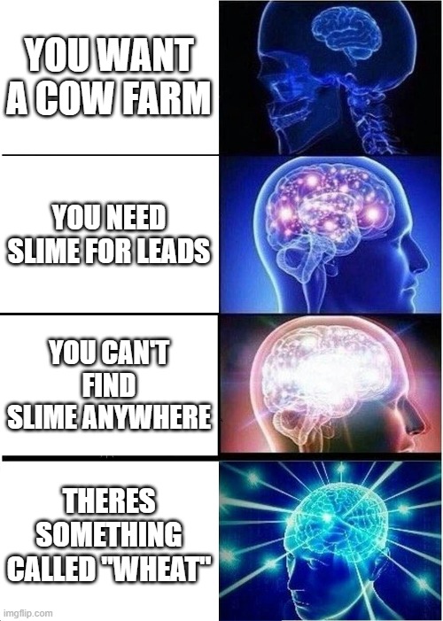 The power of WHEAT | YOU WANT A COW FARM; YOU NEED SLIME FOR LEADS; YOU CAN'T FIND SLIME ANYWHERE; THERES SOMETHING CALLED "WHEAT" | image tagged in memes,expanding brain | made w/ Imgflip meme maker