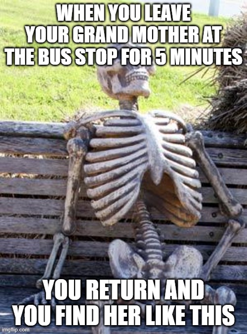 Waiting Skeleton |  WHEN YOU LEAVE YOUR GRAND MOTHER AT THE BUS STOP FOR 5 MINUTES; YOU RETURN AND YOU FIND HER LIKE THIS | image tagged in memes,waiting skeleton | made w/ Imgflip meme maker