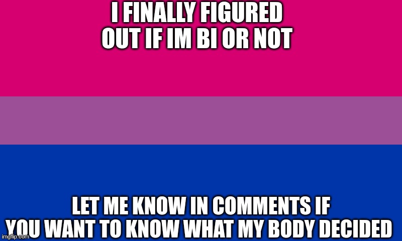 Bi flag | I FINALLY FIGURED OUT IF IM BI OR NOT; LET ME KNOW IN COMMENTS IF YOU WANT TO KNOW WHAT MY BODY DECIDED | image tagged in bi flag | made w/ Imgflip meme maker