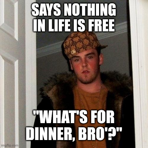 Scumbag Steve | SAYS NOTHING IN LIFE IS FREE; "WHAT'S FOR DINNER, BRO'?" | image tagged in memes,scumbag steve | made w/ Imgflip meme maker