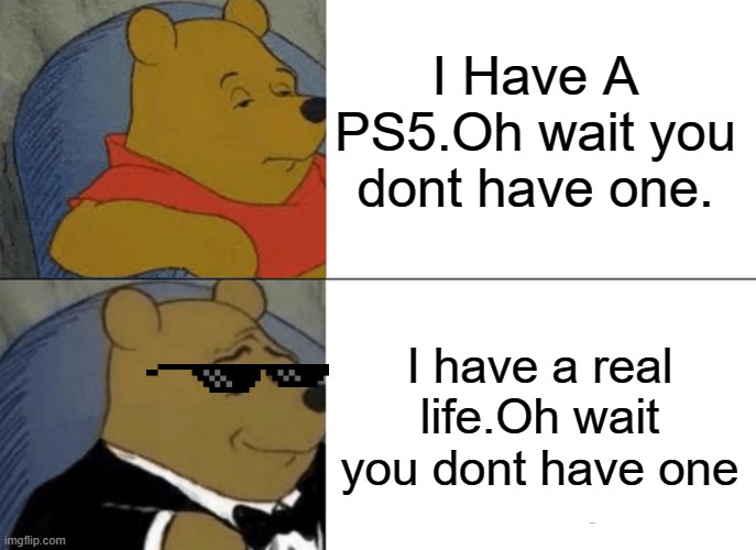 Pooh Roasting So Bad | I Have A PS5.Oh wait you dont have one. I have a real life.Oh wait you dont have one | image tagged in memes,tuxedo winnie the pooh | made w/ Imgflip meme maker