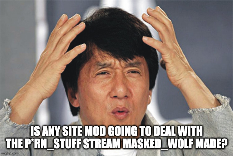 i lost owner XD | IS ANY SITE MOD GOING TO DEAL WITH THE P*RN_STUFF STREAM MASKED_WOLF MADE? | image tagged in jackie chan confused | made w/ Imgflip meme maker