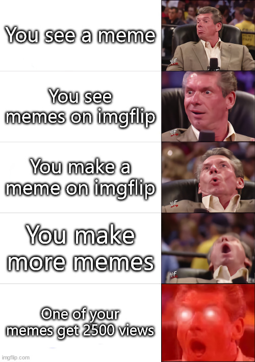 Vince McMahon 5 tier | You see a meme; You see memes on imgflip; You make a meme on imgflip; You make more memes; One of your memes get 2500 views | image tagged in vince mcmahon 5 tier | made w/ Imgflip meme maker