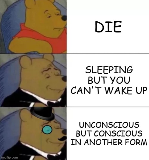 dying also means as: | DIE; SLEEPING BUT YOU CAN'T WAKE UP; UNCONSCIOUS BUT CONSCIOUS IN ANOTHER FORM | image tagged in fancy pooh | made w/ Imgflip meme maker